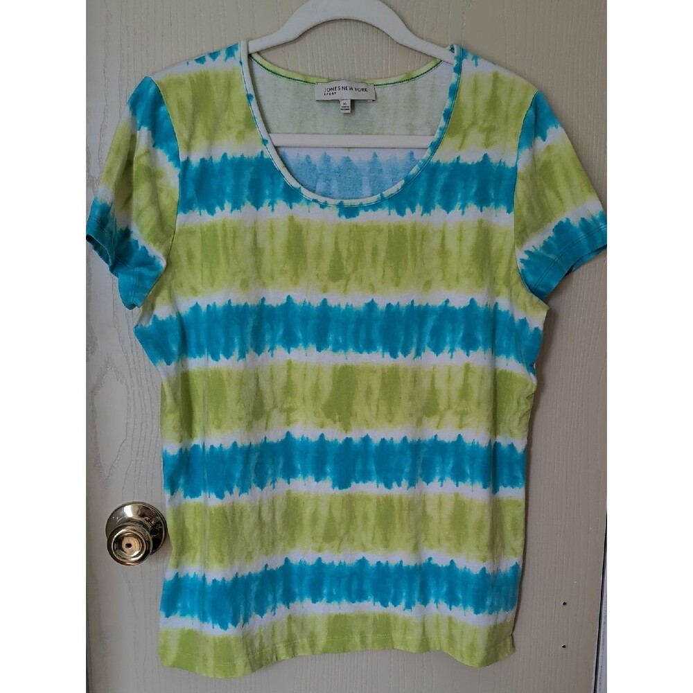 Jones New York Lime Green and Teal Stripe Short Sleeve Cotton Tee - Size XL